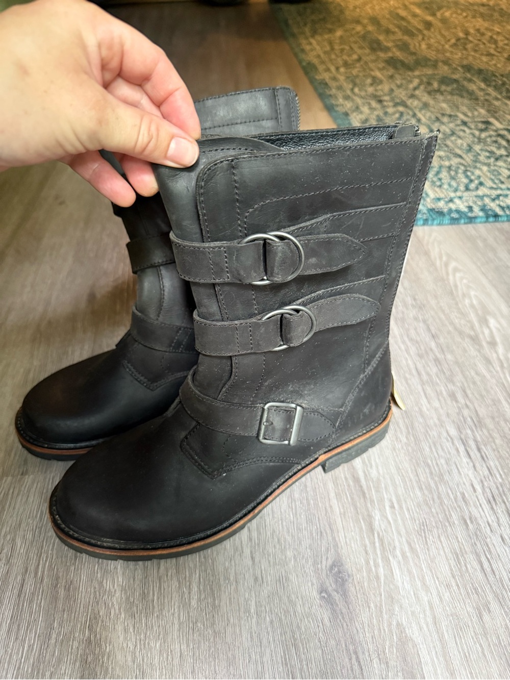 L.L. Bean Black Mid-Calf Triple Buckle Leather Boots Grunge NWT Old Port Boot